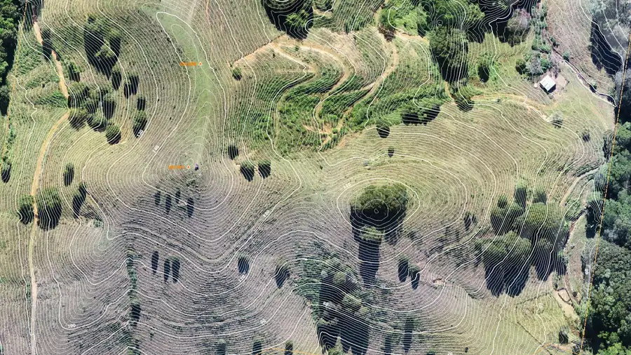 Aerial view of hilly terrain and vegetation captured for a DPR survey