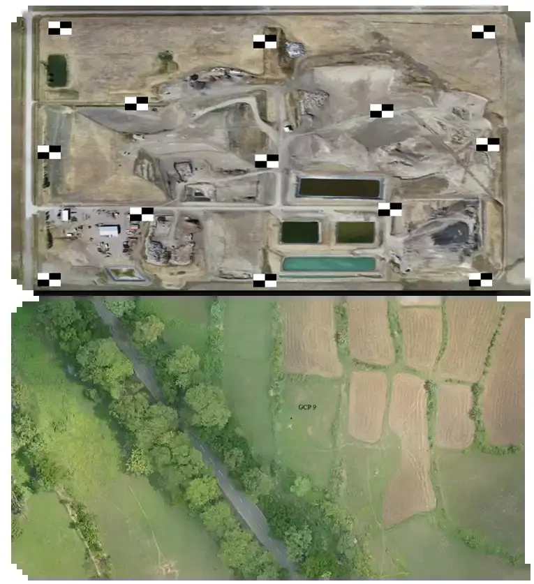 Ground control point targets marked across a site before a drone survey