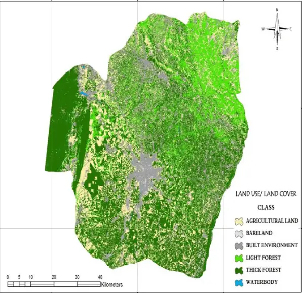 Land use and land cover map classified into agricultural land, built-up area, forest and water