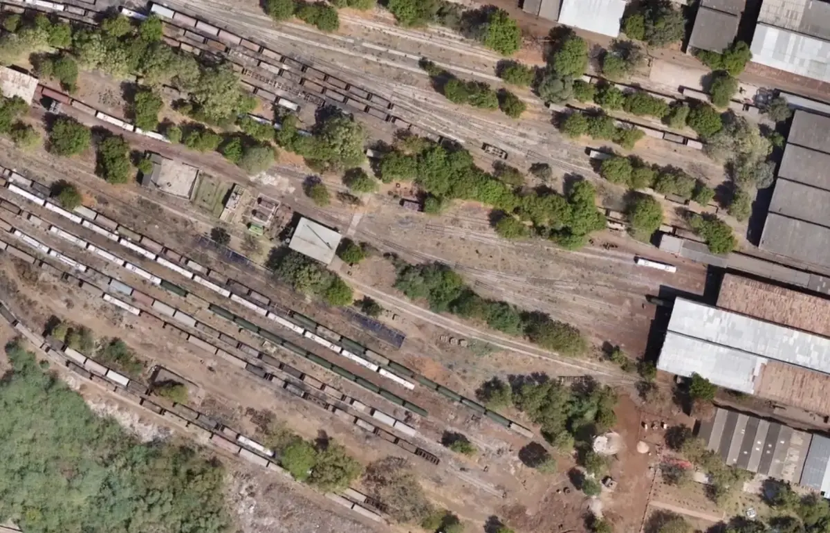 Aerial view of a railway yard and industrial buildings