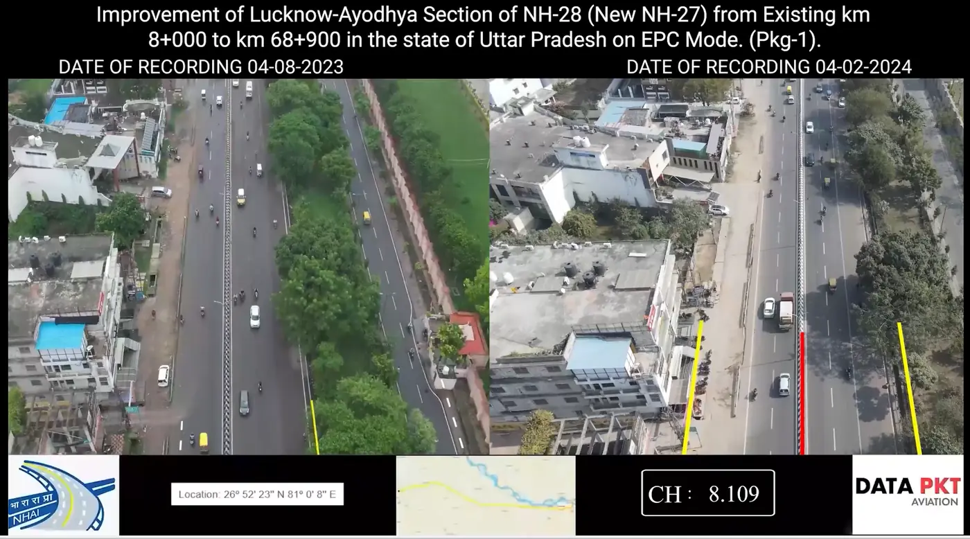 DATA PKT comparative drone frame of a national highway section in Uttar Pradesh, the same chainage recorded six months apart