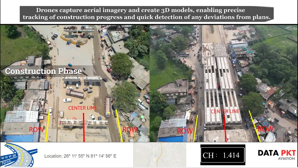 Drone frames of a highway in the construction phase with chainage and right of way marked