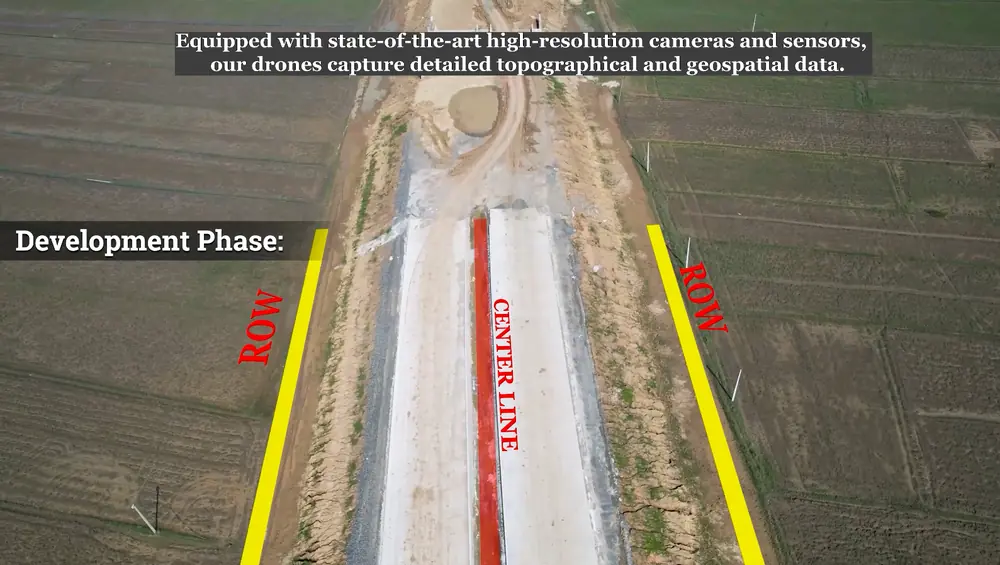 Drone frame of a highway corridor in the development phase with right of way and centre line marked