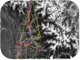 Alternate transmission line routes marked on a terrain base map